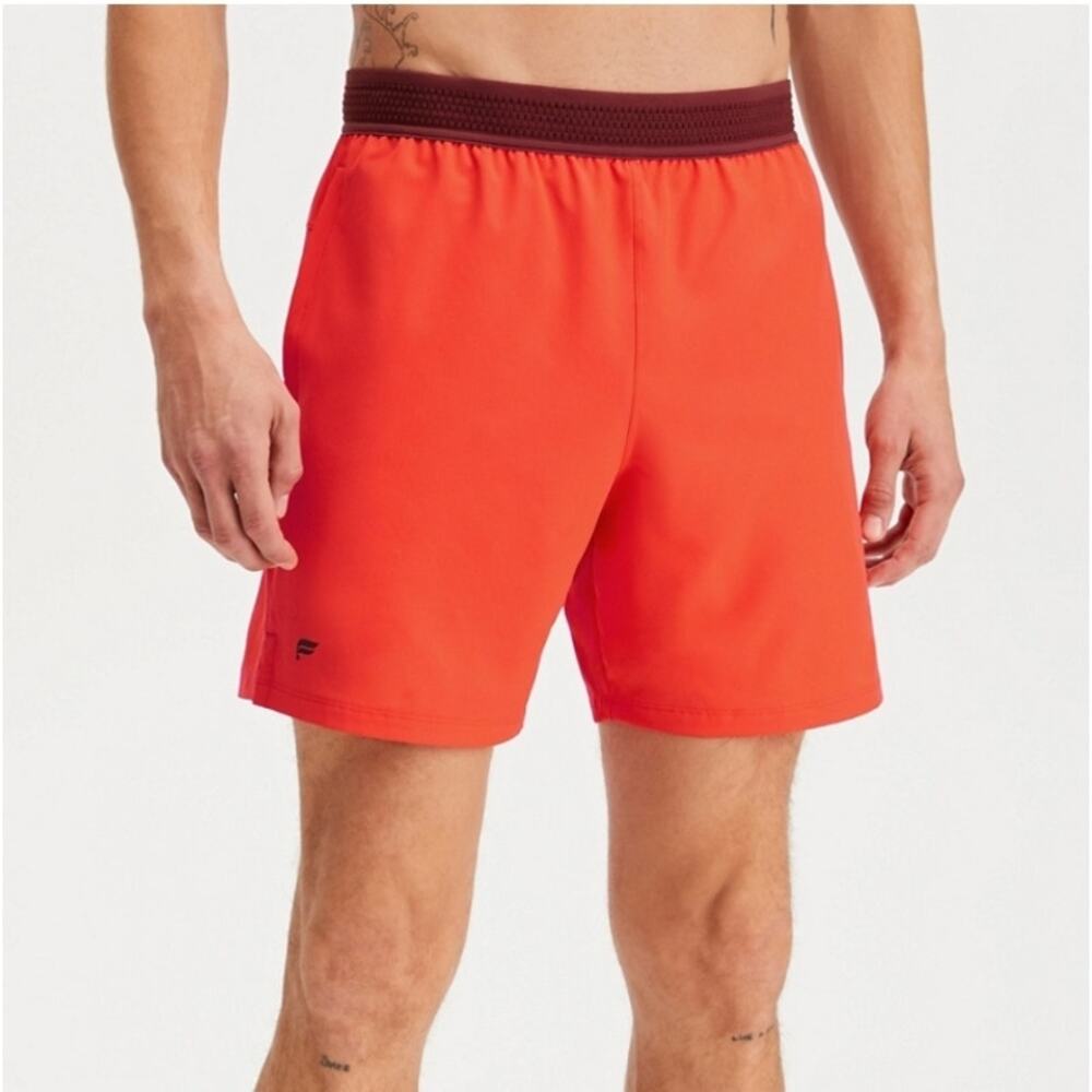 Fabletics Fundamental Lined 7" Shorts XXL Men Fire Orange Pocket Stretch Wicking